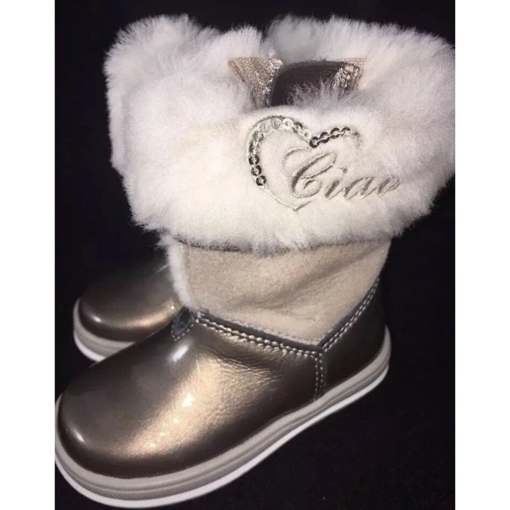 Ciao Bimbi baby Girls Toddler Boots Gold Leather Fur sz us 5.5 Italy eu 21